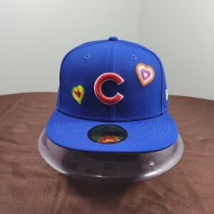 New Era Chicago Cubs 59fifty Fitted Hat Stitched Hearts  Size 7 1/4 Royal Blue